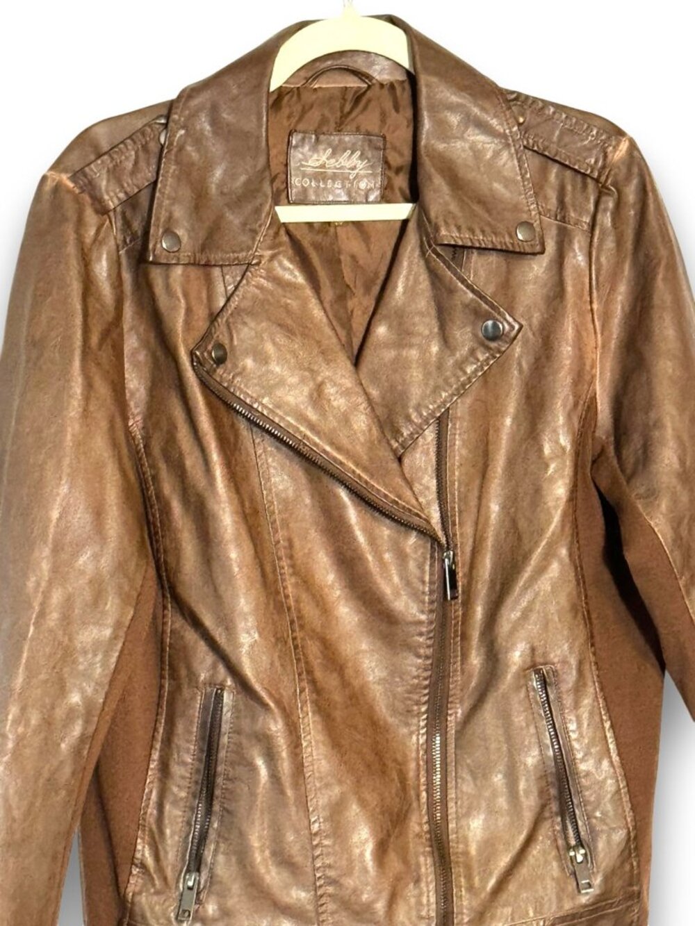 Selby Collection Women's Faux Leather Moto Jacket Brown Whiskey Size Large - Picture 4 of 14
